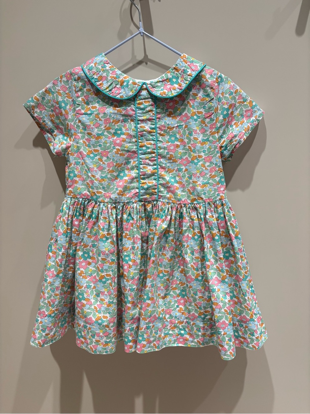 Jacadi Girls' liberty print Floral Peter Pan Collar Dress - Mint & Pink sz 4